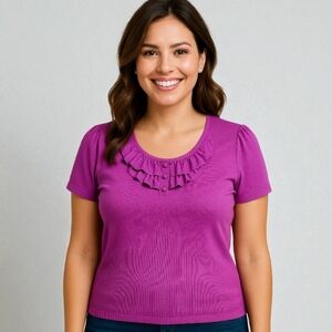 Lane Bryant Purple Short Sleeve Ruffled Front Top